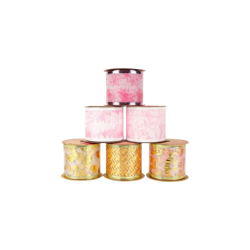 6 rolls of pink and gold wired Christmas ribbon 2.5" NIB